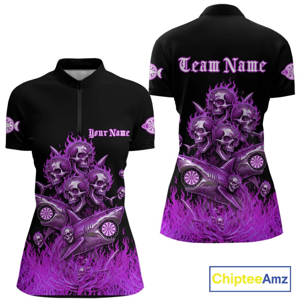 Custom Purple Flames Shark And Skull 3D Women Darts Quarter-Zip League Shirts Funny Dart Jerseys NYN2205