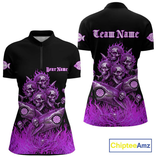 Custom Purple Flames Shark And Skull 3D Women Darts Quarter-Zip League Shirts Funny Dart Jerseys NYN2205