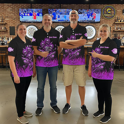 Custom Purple Flames Shark And Skull 3D Women Darts Quarter-Zip League Shirts Funny Dart Jerseys NYN2205