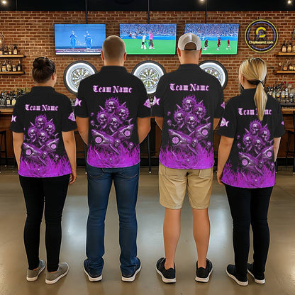 Custom Purple Flames Shark And Skull 3D Women Darts Quarter-Zip League Shirts Funny Dart Jerseys NYN2205