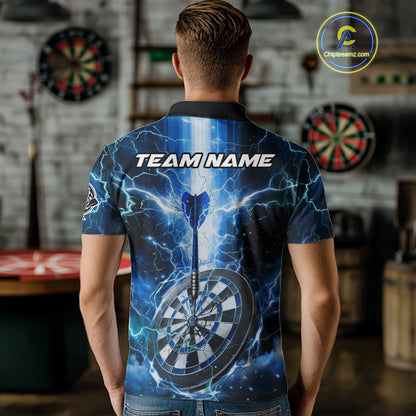 Custom Lightning Blue Skull Cracked Dartboard Dart Men Polo Jerseys Outfits Dart Shirt NYN1685