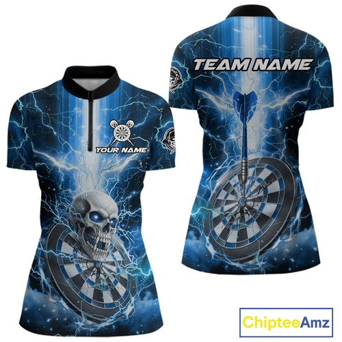 Custom Lightning Blue Skull Cracked Dartboard Dart Women 1/4-Zip Jerseys Outfits Dart Shirt NYN1685