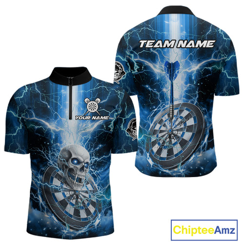Custom Lightning Blue Skull Cracked Dartboard Dart Men 1/4-Zip Jerseys Outfits Dart Shirt NYN1685