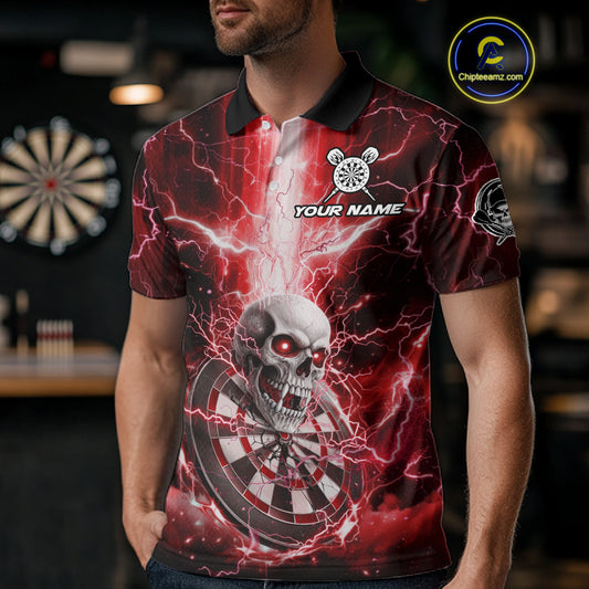 Custom Lightning Red Skull Cracked Dartboard Dart Men Polo Jerseys Outfits Dart Shirt NYN1686