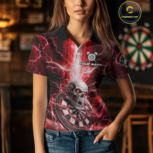 Custom Lightning Red Skull Cracked Dartboard Dart Women Polo Jerseys Outfits Dart Shirt NYN1686