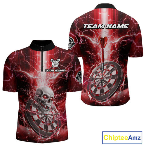 Custom Lightning Red Skull Cracked Dartboard Dart Men 1/4-Zip Jerseys Outfits Dart Shirt NYN1686