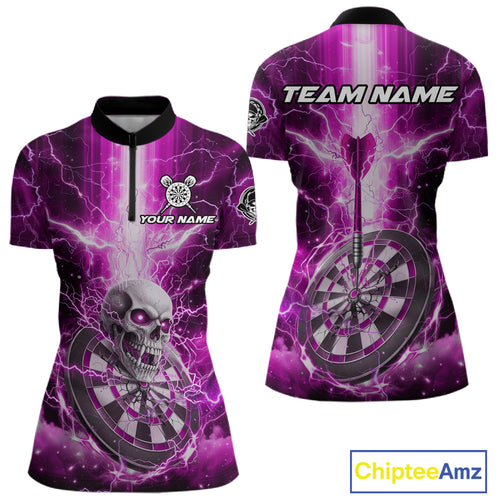 Custom Lightning Pink Skull Cracked Dartboard Dart Women 1/4-Zip Jerseys Outfits Dart Shirt NYN1687