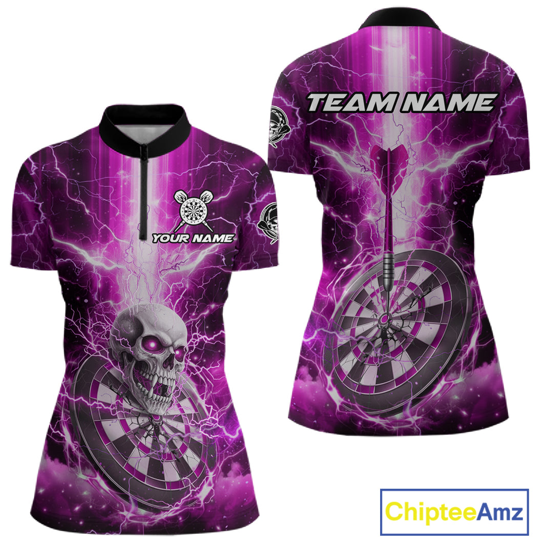 Custom Lightning Pink Skull Cracked Dartboard Dart Women 1/4-Zip Jerseys Outfits Dart Shirt NYN1687