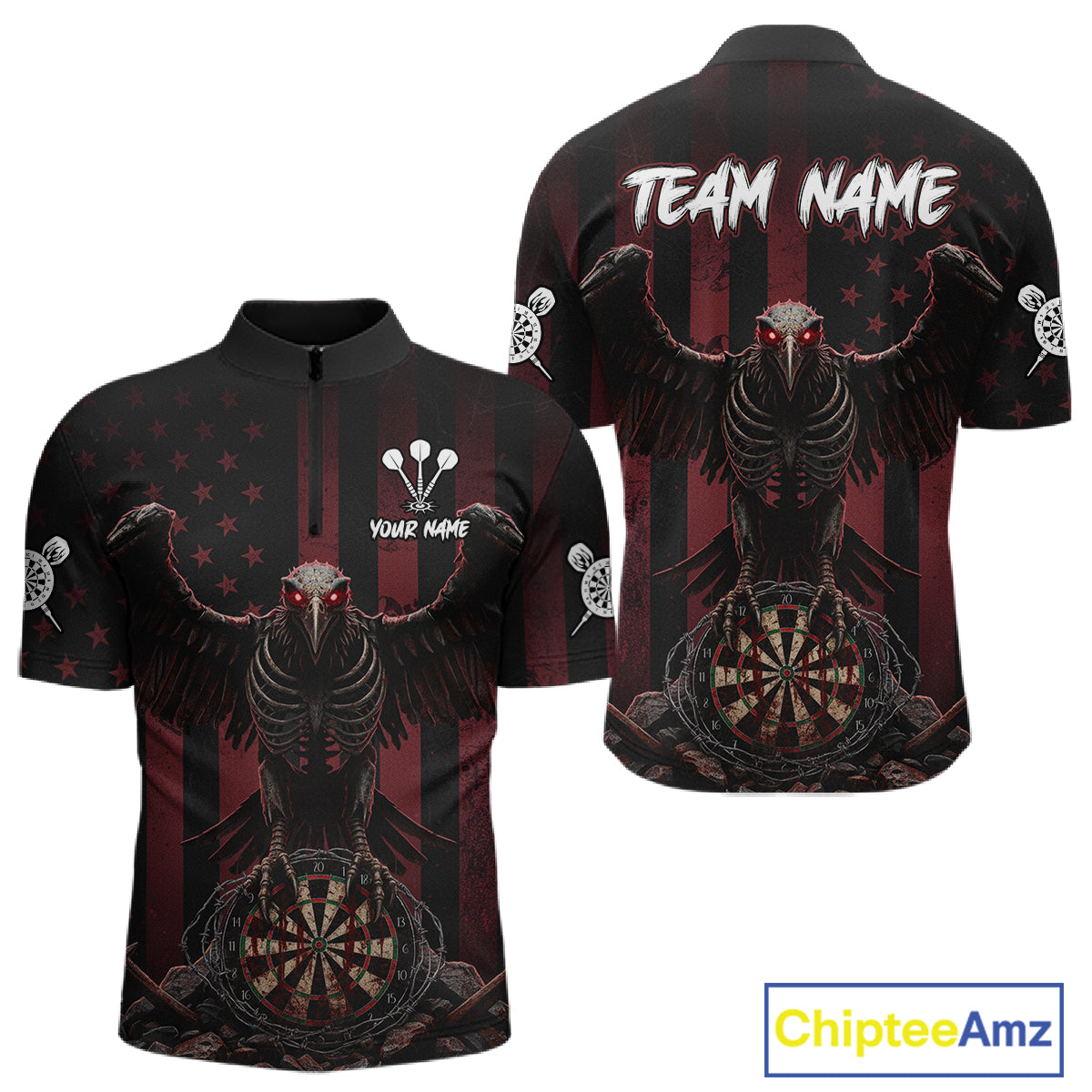 Red Gothic Eagle Skull Dartboard Custom Men Darts Quarter-Zip Shirt Grunge US Flag Dart Jerseys NYN1943