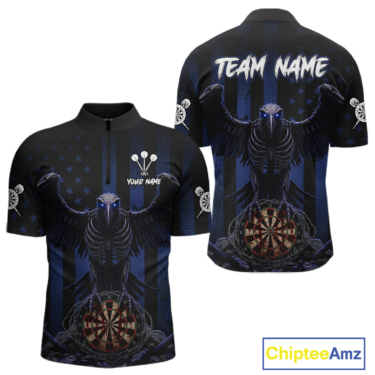 Blue Gothic Eagle Skull Dartboard Custom Men Darts Quarter-Zip Shirt Grunge US Flag Dart Jerseys NYN1944