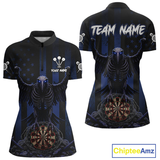 Blue Gothic Eagle Skull Dartboard Custom Women Darts Quarter-Zip Shirt Grunge US Flag Dart Jerseys NYN1944
