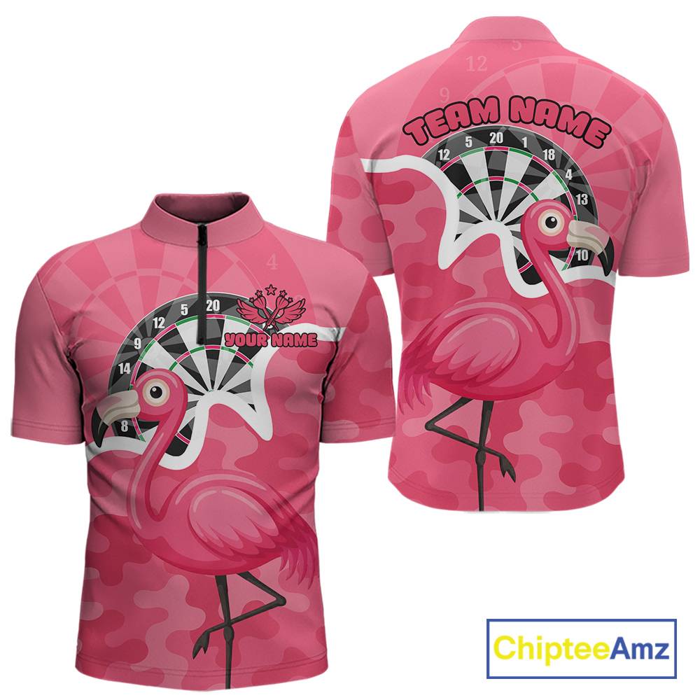 Custom Pink Flamingo Camouflage Dartboard Men Darts Quarter-Zip League Shirts Funny Dart Jerseys NYN2206