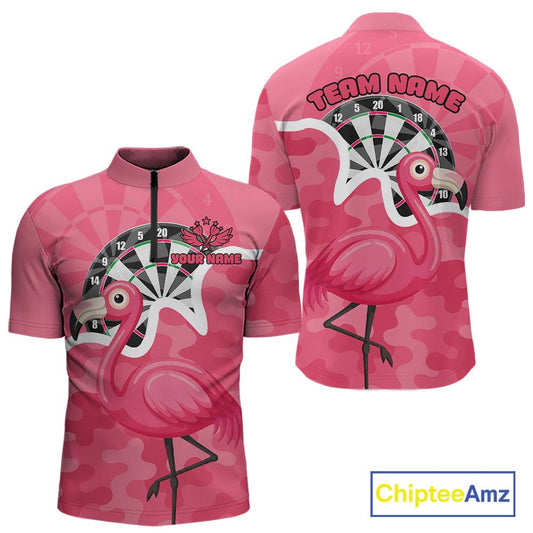 Custom Pink Flamingo Camouflage Dartboard Men Darts Quarter-Zip League Shirts Funny Dart Jerseys NYN2206