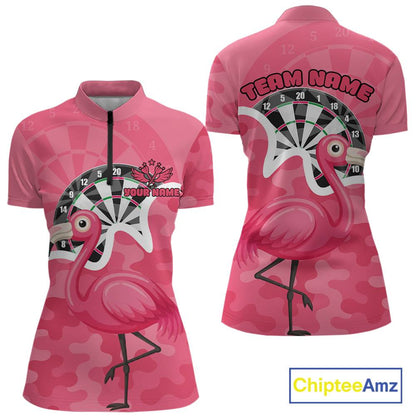 Custom Pink Flamingo Camouflage Dartboard Women Darts Quarter-Zip League Shirts Funny Dart Jerseys NYN2206