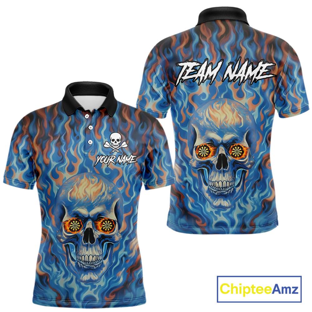 Custom Blue Fire Flaming Skull Dartboard Men Darts Polo League Shirts Outfits Dart Jerseys NYN2207