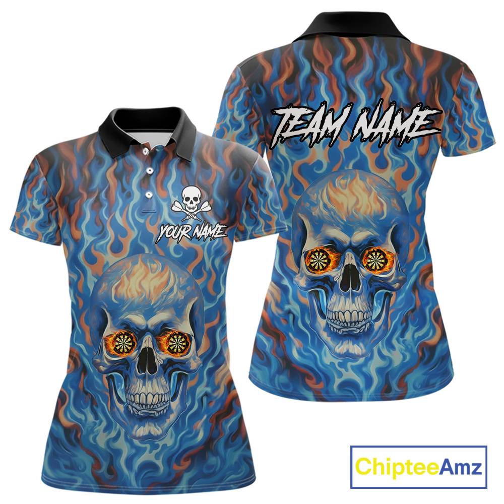 Custom Blue Fire Flaming Skull Dartboard Women Darts Polo League Shirts Outfits Dart Jerseys NYN2207