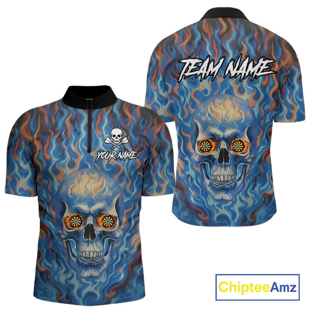 Custom Blue Fire Flaming Skull Dartboard Men Darts Quarter-Zip League Shirts Outfits Dart Jerseys NYN2207
