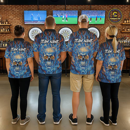 Custom Blue Fire Flaming Skull Dartboard Men Darts Quarter-Zip League Shirts Outfits Dart Jerseys NYN2207