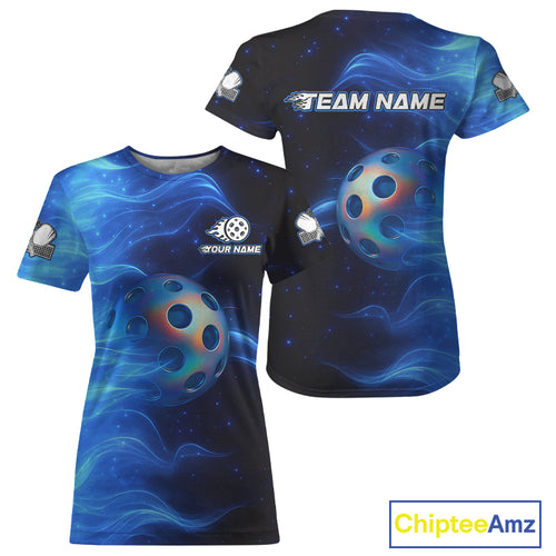 Custom Blue Flames Holographic Pickleball Ball T-Shirt For Women Outfit Pickleball Jersey NYN1423