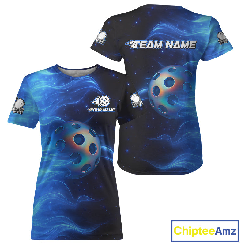 Custom Blue Flames Holographic Pickleball Ball T-Shirt For Women Outfit Pickleball Jersey NYN1423