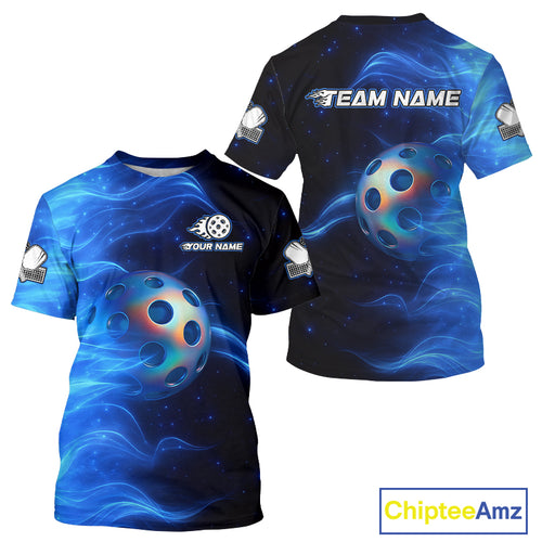 Custom Blue Flames Holographic Pickleball Ball T-Shirt For Men Outfit Pickleball Jersey NYN1423