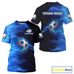 Custom Blue Flames Holographic Pickleball Ball T-Shirt For Men Outfit Pickleball Jersey NYN1423