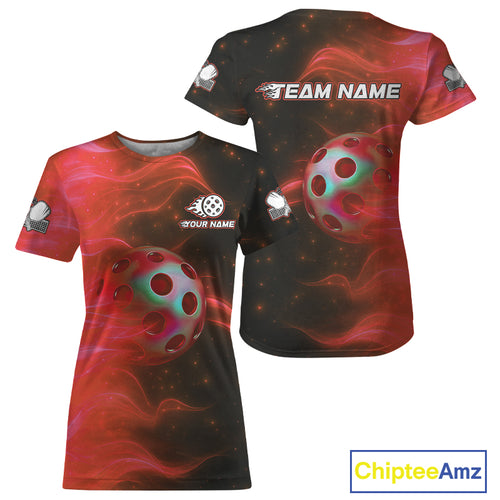 Custom Red Flames Holographic Pickleball Ball T-Shirt For Women Outfit Pickleball Jersey NYN1424