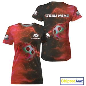 Custom Red Flames Holographic Pickleball Ball T-Shirt For Women Outfit Pickleball Jersey NYN1424