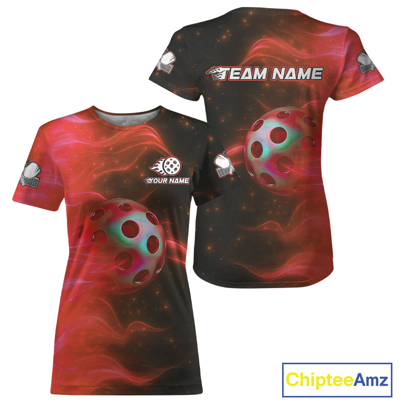 Custom Red Flames Holographic Pickleball Ball T-Shirt For Women Outfit Pickleball Jersey NYN1424
