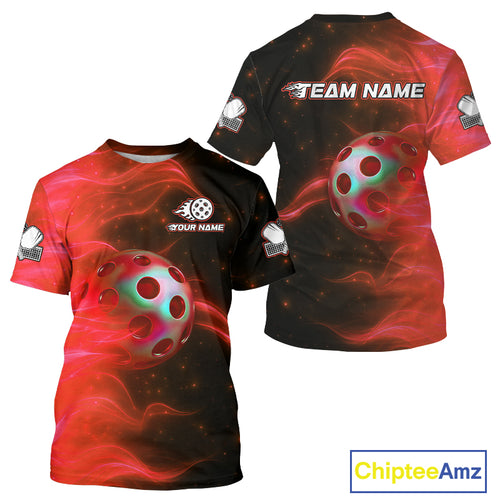 Custom Red Flames Holographic Pickleball Ball T-Shirt For Men Outfit Pickleball Jersey NYN1424