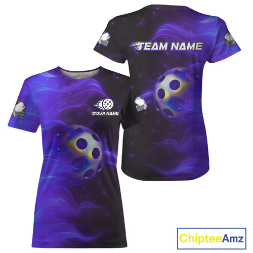 Custom Purple Flames Holographic Pickleball Ball T-Shirt For Women Outfit Pickleball Jersey NYN1425