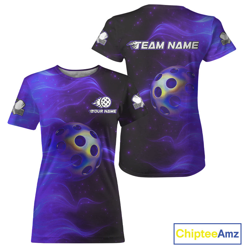 Custom Purple Flames Holographic Pickleball Ball T-Shirt For Women Outfit Pickleball Jersey NYN1425
