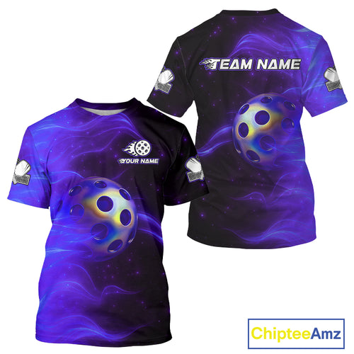 Custom Purple Flames Holographic Pickleball Ball T-Shirt For Men Outfit Pickleball Jersey NYN1425