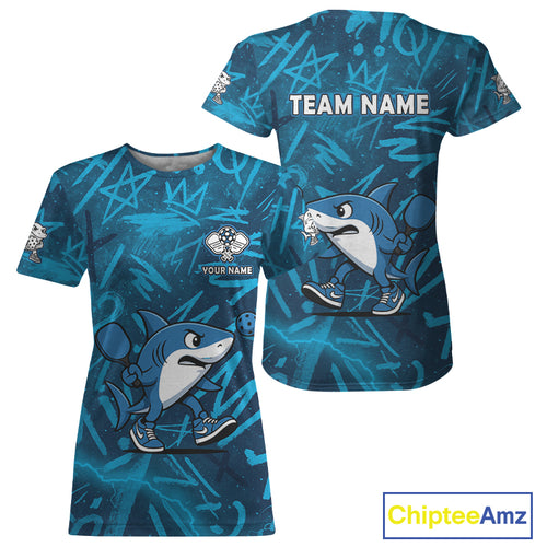 Custom Shark Blue Grunge Pickleball T-Shirt For Women Outfits Funny Pickleball Jersey NYN1438