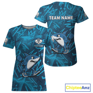 Custom Shark Blue Grunge Pickleball T-Shirt For Women Outfits Funny Pickleball Jersey NYN1438