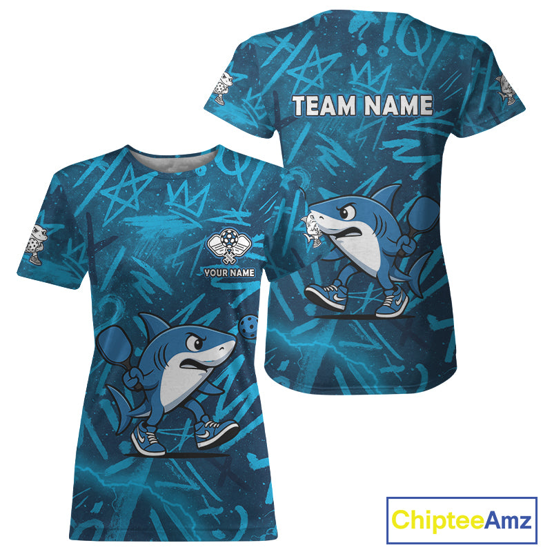 Custom Shark Blue Grunge Pickleball T-Shirt For Women Outfits Funny Pickleball Jersey NYN1438
