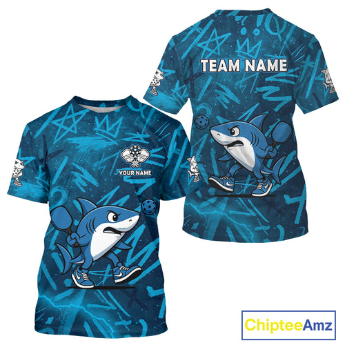 Custom Shark Blue Grunge Pickleball T-Shirt For Men Outfits Funny Pickleball Jersey NYN1438