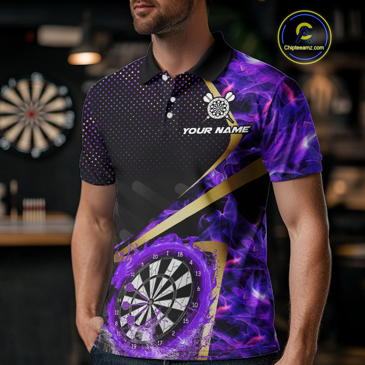 Custom Purple Flames Dragon Dartboard Halftone Dart Men Polo Jerseys Gold Dart Team Shirt NYN1691