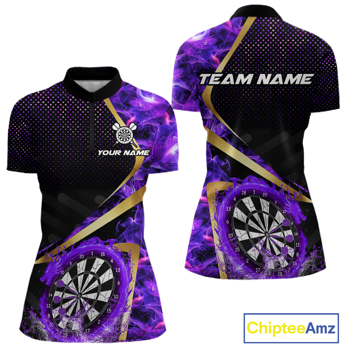 Custom Purple Flames Dragon Dartboard Halftone Dart Women 1/4-Zip Jerseys Gold Dart Team Shirt NYN1691