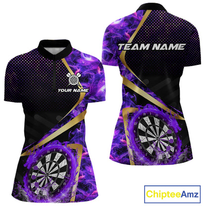 Custom Purple Flames Dragon Dartboard Halftone Dart Women 1/4-Zip Jerseys Gold Dart Team Shirt NYN1691
