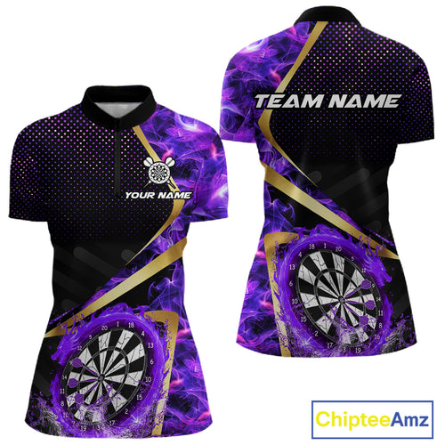 Custom Purple Flames Dragon Dartboard Halftone Dart Women 1/4-Zip Jerseys Gold Dart Team Shirt NYN1691
