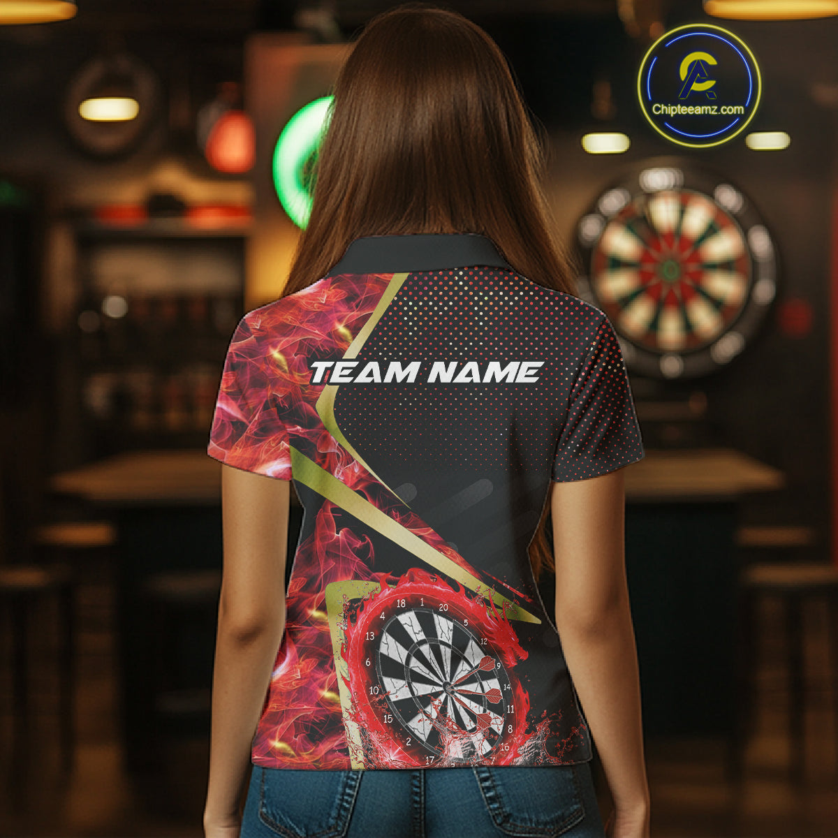 Custom Red Flames Dragon Dartboard Halftone Dart Women Polo Jerseys Gold Dart Team Shirt NYN1692