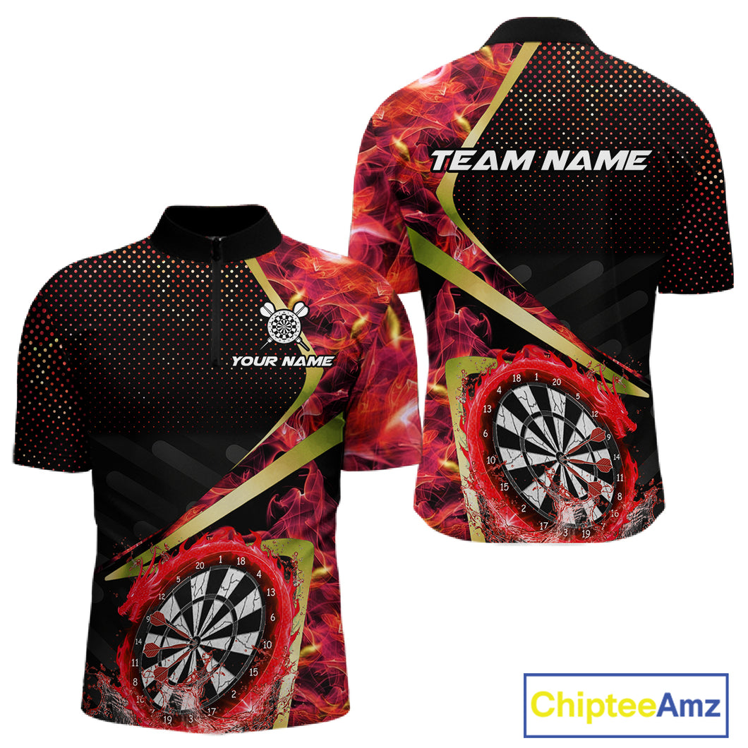 Custom Red Flames Dragon Dartboard Halftone Dart Men 1/4-Zip Jerseys Gold Dart Team Shirt NYN1692