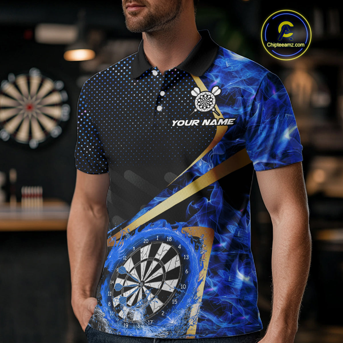 Custom Blue Flames Dragon Dartboard Halftone Dart Men Polo Jerseys Gold Dart Team Shirt NYN1693