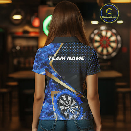 Custom Blue Flames Dragon Dartboard Halftone Dart Women Polo Jerseys Gold Dart Team Shirt NYN1693