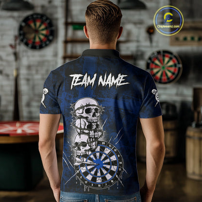 Custom Blue Grunge Barbed Wire Grey Skull Dartboard Men Darts Polo Shirt Dart Jerseys NYN1978