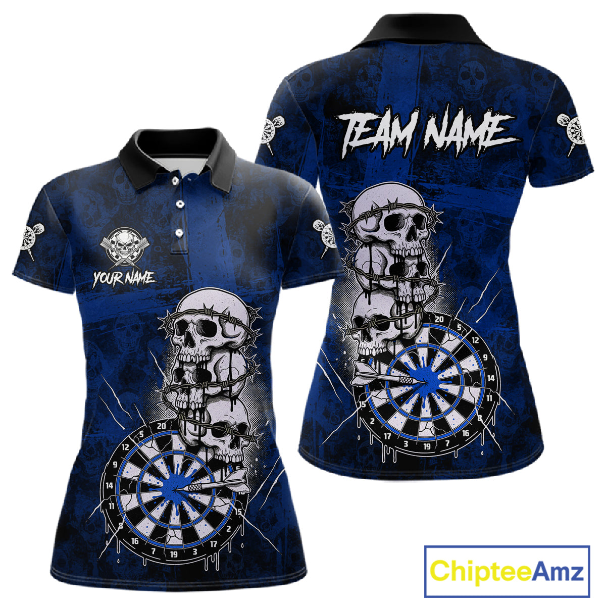 Custom Blue Grunge Barbed Wire Grey Skull Dartboard Men Darts Polo Shirt Dart Jerseys NYN1978