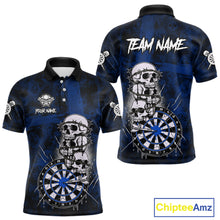 Load image into Gallery viewer, Custom Blue Grunge Barbed Wire Grey Skull Dartboard Men Darts Polo Shirt Dart Jerseys NYN1978
