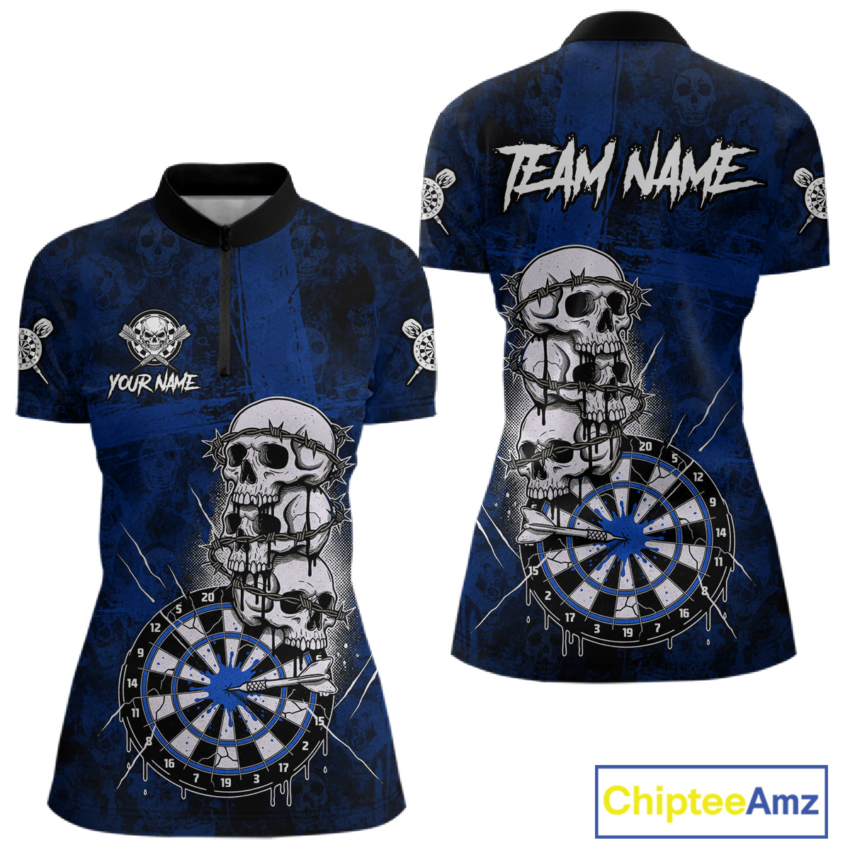 Custom Blue Grunge Barbed Wire Grey Skull Dartboard Men Darts Polo Shirt Dart Jerseys NYN1978