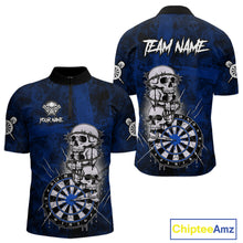 Load image into Gallery viewer, Custom Blue Grunge Barbed Wire Grey Skull Dartboard Men Darts Polo Shirt Dart Jerseys NYN1978